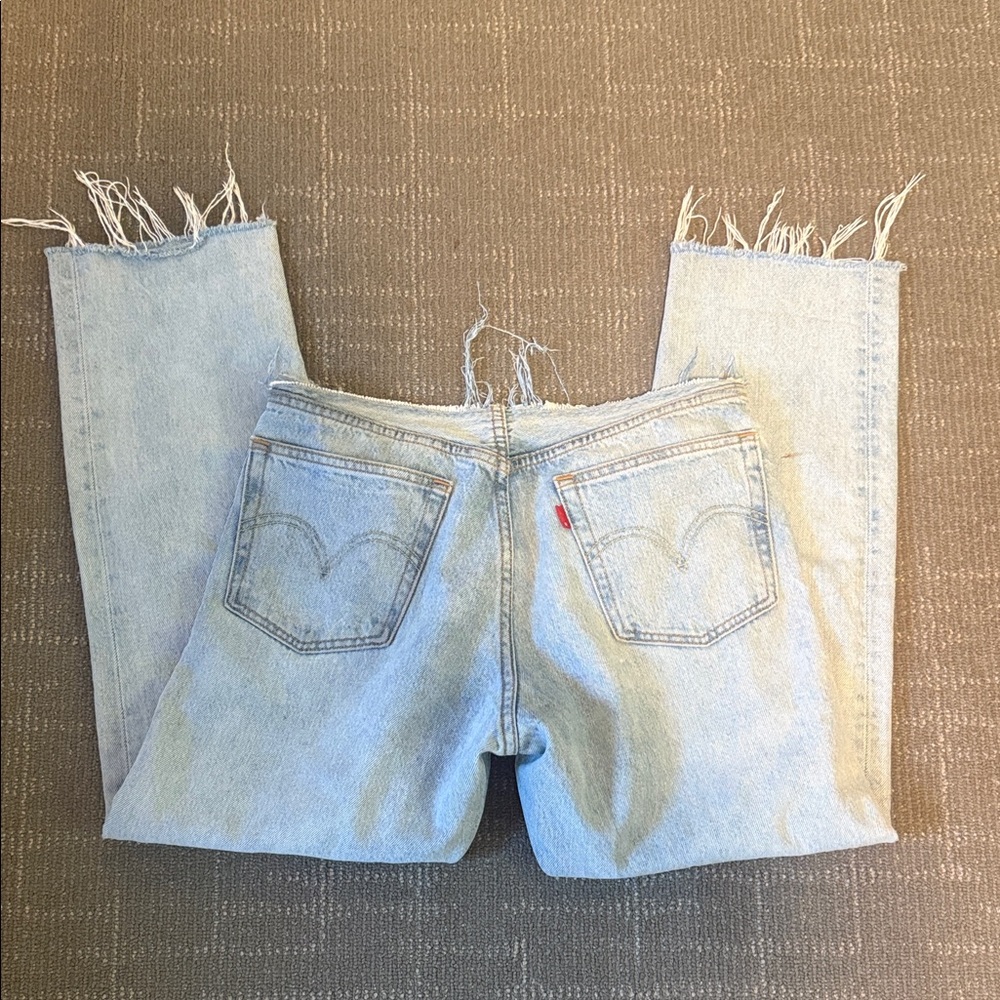 Levi's 501 Oiginal Low Rider Frayed Hem Light Blue Straight Leg Jeans - Picture 2 of 2